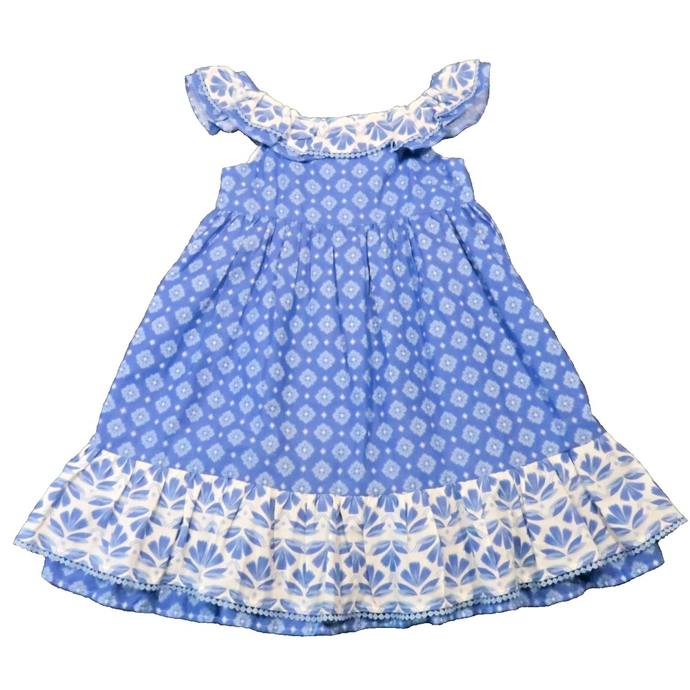 Sigrid Olsen Dress Girls 8 Blue Floral Linen Blend Ruffle Boho Cottage Prairie